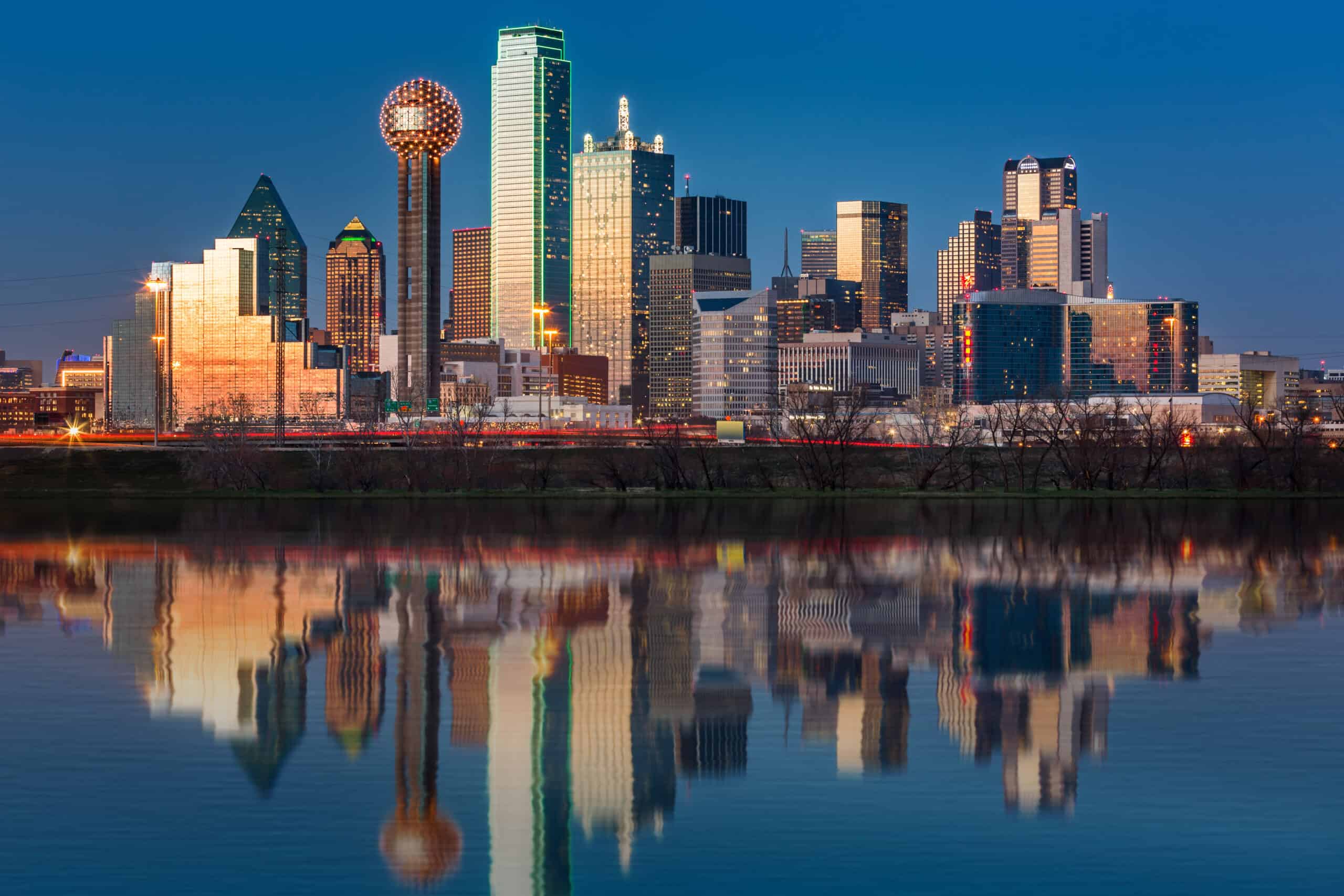 view of dallas skyline at night time