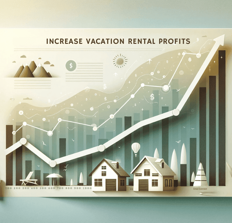 Subtle rising graph depicting increased profitability for your vacation rental, with minimalist icons of houses and cabins, in a professional, muted color scheme.