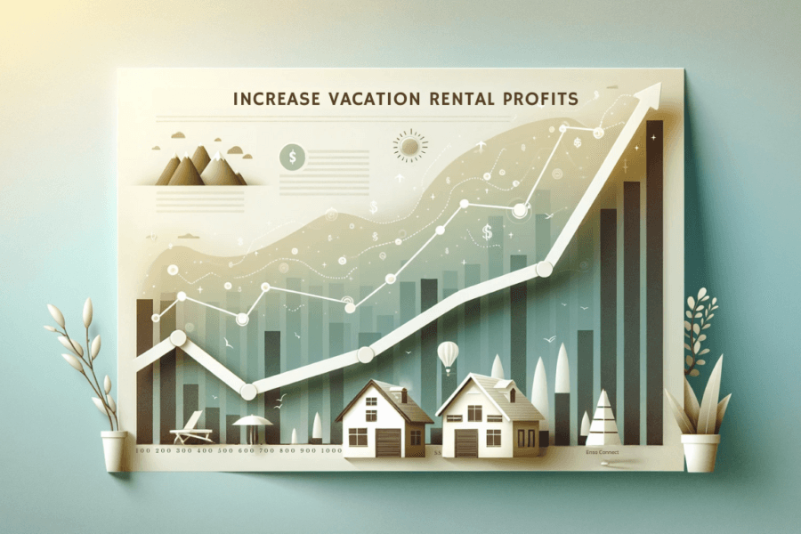 Subtle rising graph depicting increased profitability for your vacation rental, with minimalist icons of houses and cabins, in a professional, muted color scheme.