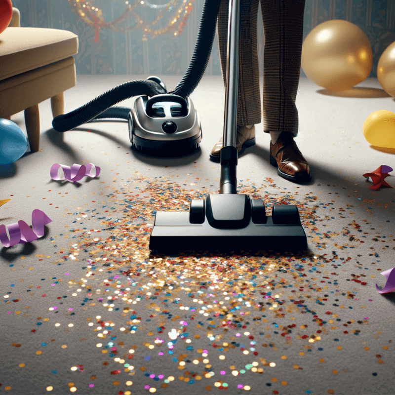 A person vacuuming confetti from a carpet, highlighting post-party cleanup in a room with party decorations.