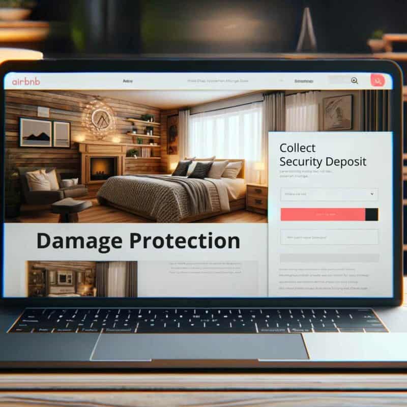 Image features a cozy Airbnb vacation rental home with a modern, welcoming decor, and an open laptop showing Airbnb's interface, reading 'SECURITY PROTECTION' and 'Collect Security Deposits'
