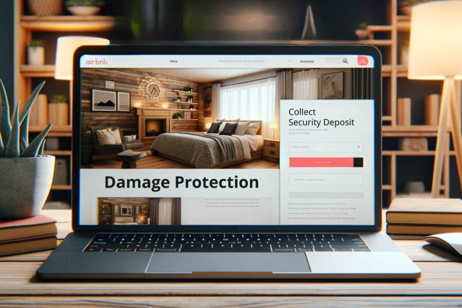 Image features a cozy Airbnb vacation rental home with a modern, welcoming decor, and an open laptop showing Airbnb's interface, reading 'SECURITY PROTECTION' and 'Collect Security Deposits'