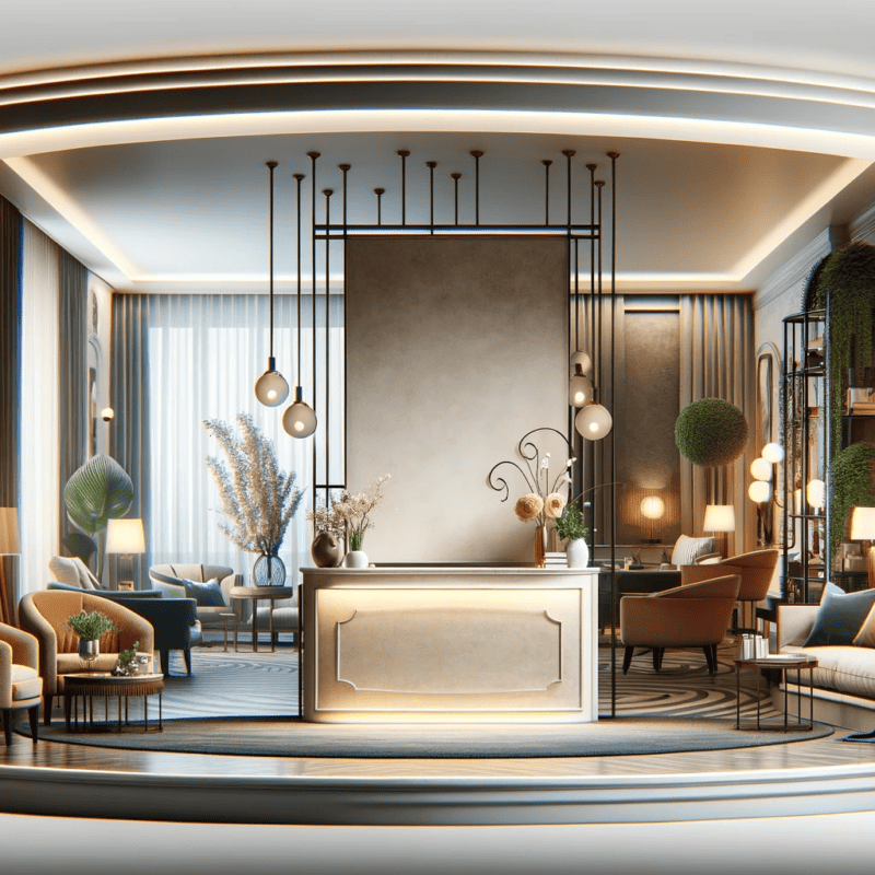 Modern boutique hotel lobby with digital check-in kiosk and luxurious seating area.